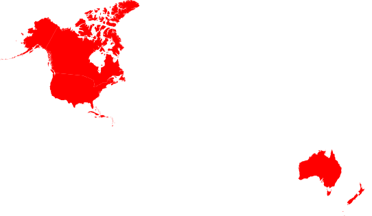 World Map US, Canada, Caribbean, Australia, New Zealand